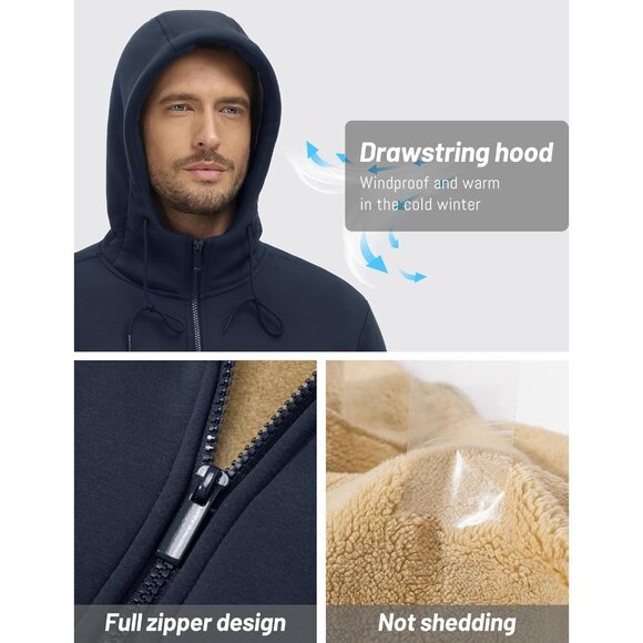 Mens Winter Hoodie Full Zip Fleece Sherpa Lined Warm Navy Casual Sweatshirt - Picture 4 of 6